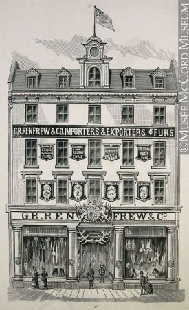 Édifice de la G.R. Renfrew & Company après les travaux de 1884 qui ont vu l'ajout d'un toit mansardé et d'un tourelle au sommet du bâtiment. (G. R. Renfrew & Co., importateurs et exportateurs de fourrures, John Henry Walker, 1850-1885, M991X.5.697, Musée McCord)