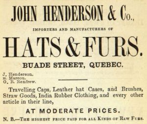 Publicité de la John Henderson & Co. en 1855; Henderson était le frère du fondateur, William Samuel. Il se retire dans le années 1860. Tiré de McLaughlin's Quebec Directory, Québec, imprimé par Bureau et Marcotte, 1855, p. 219 (Collection numérique, BAnQ)