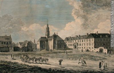 Gravure réalisée en 1760 d'après l'esquisse de Richard Short. Y apparaissent l'église et le collège des Jésuites aux lendemains du siège de Québec en 1759. (A View of the Jesuits College and Church, Richard Short, 1760, Musée McCord, M970.67.7)